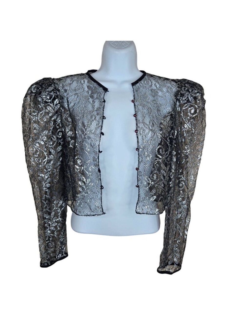Vintage Liza Minnelli Black Silver Metallic Lace Blouse Puff Sleeves Womens S